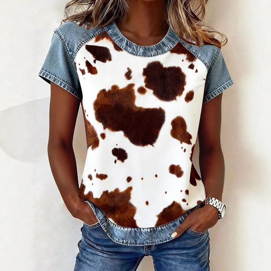 Color-block Printed Short-sleeve Womens Loose Top