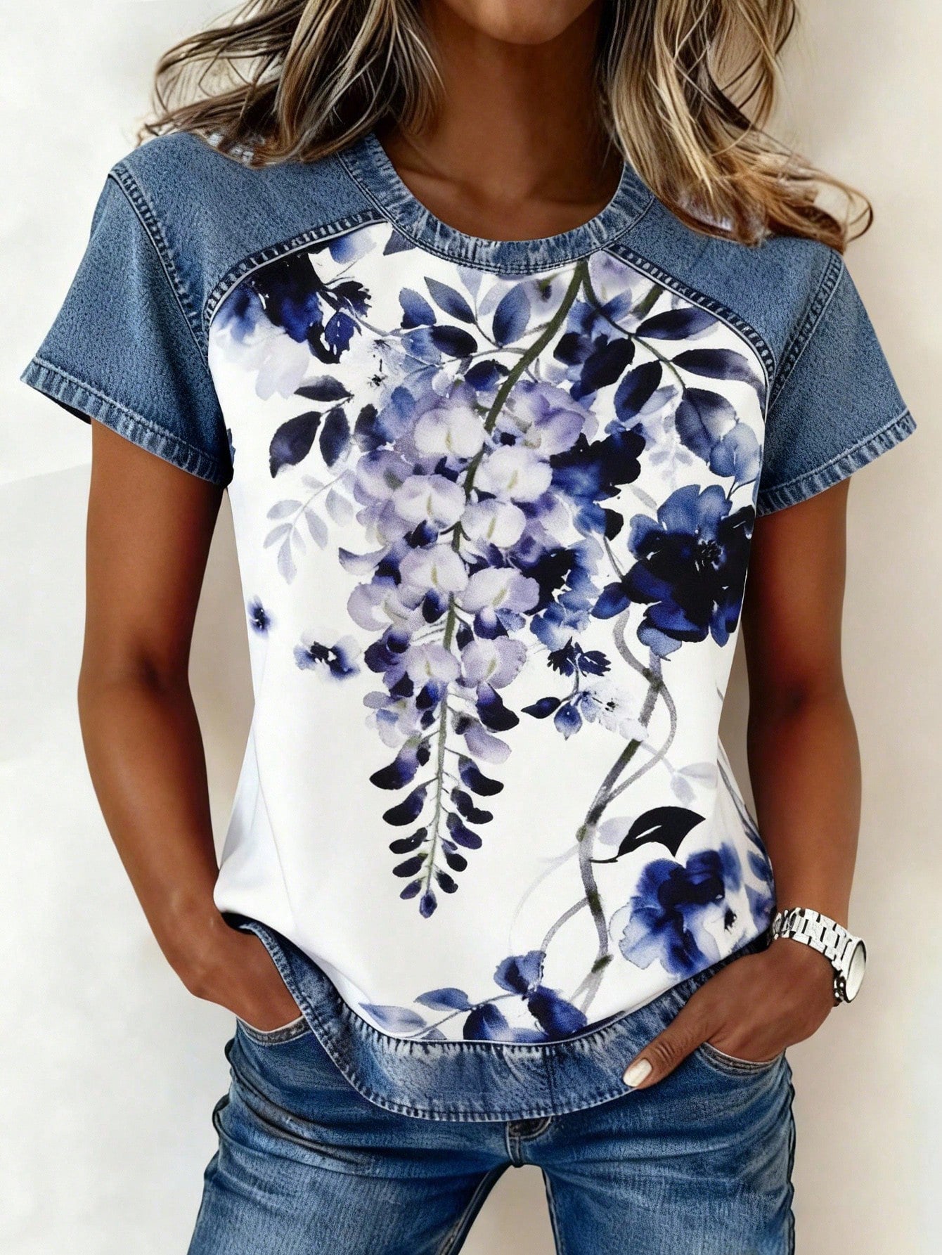 Color-block Printed Short-sleeve Womens Loose Top