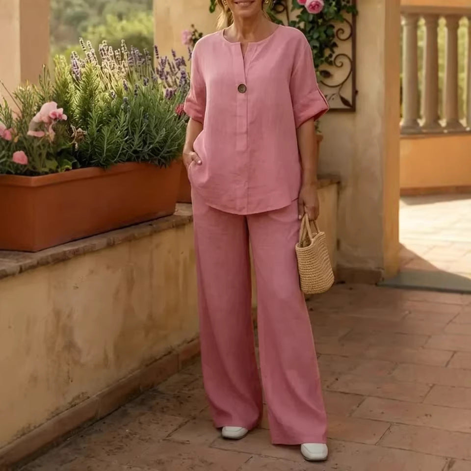 Women's Buttoned Cotton And Linen Set