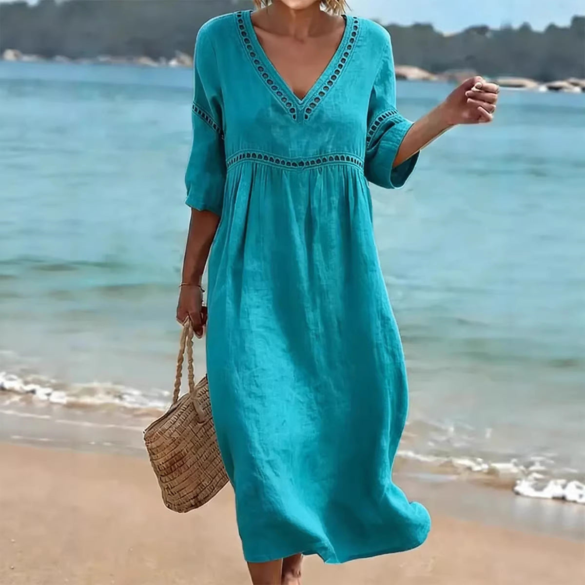 Elegant Casual V-Neck Solid Color Mid-Sleeve Womens Dress