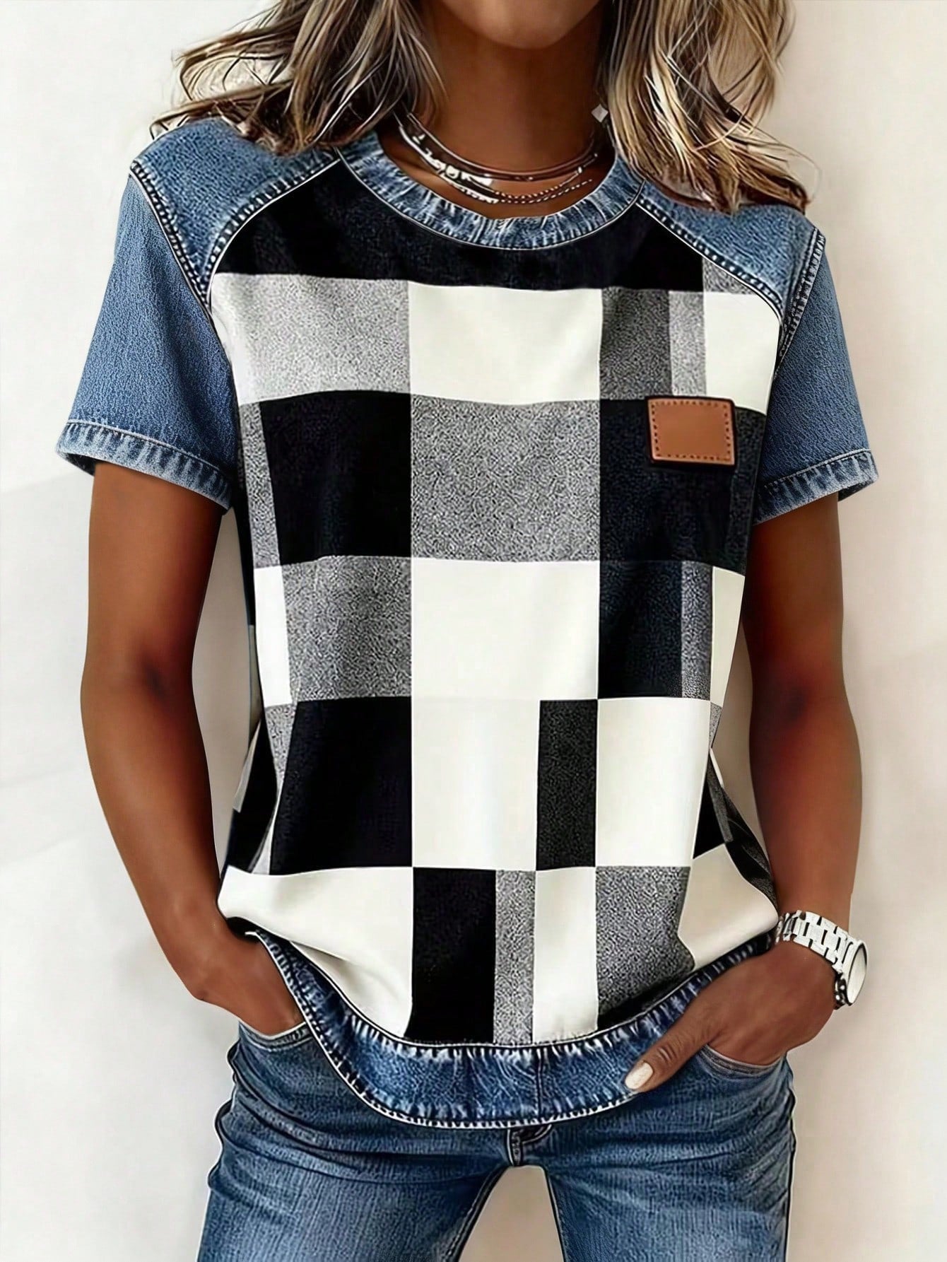 Color-block Printed Short-sleeve Womens Loose Top