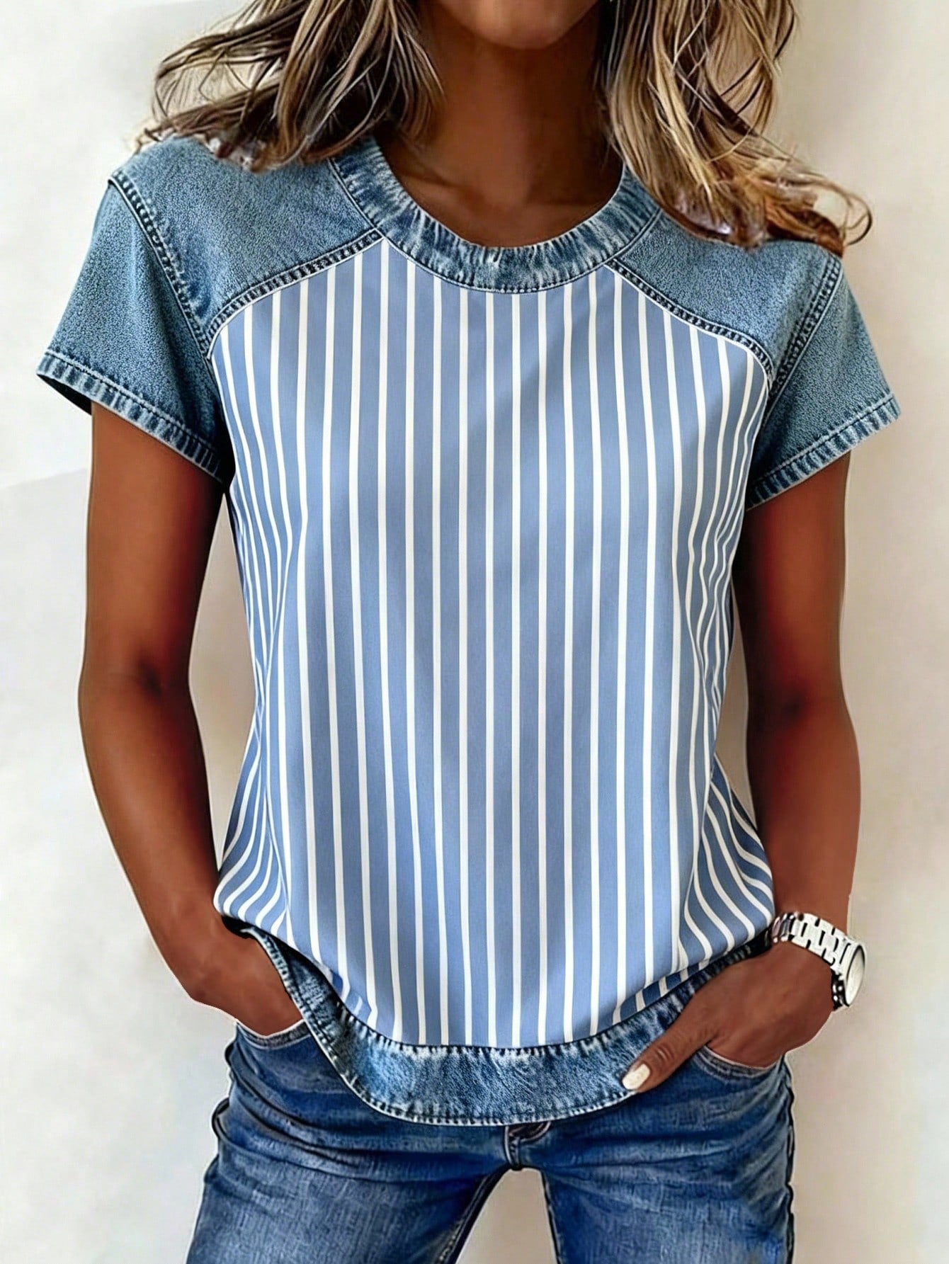 Color-block Printed Short-sleeve Womens Loose Top
