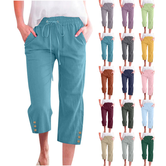 Womens Solid-Colored Drawstring Cotton-Linen Casual Loose-Fit Home Cropped Pants With Buttons And Pockets