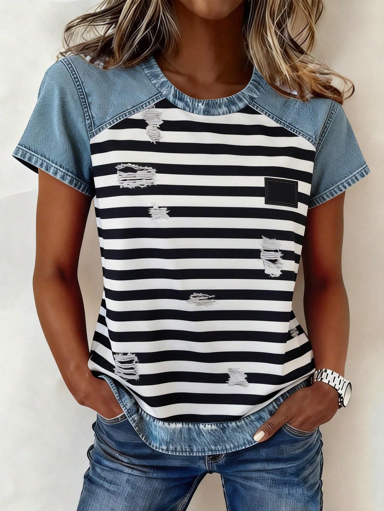 Color-block Printed Short-sleeve Womens Loose Top