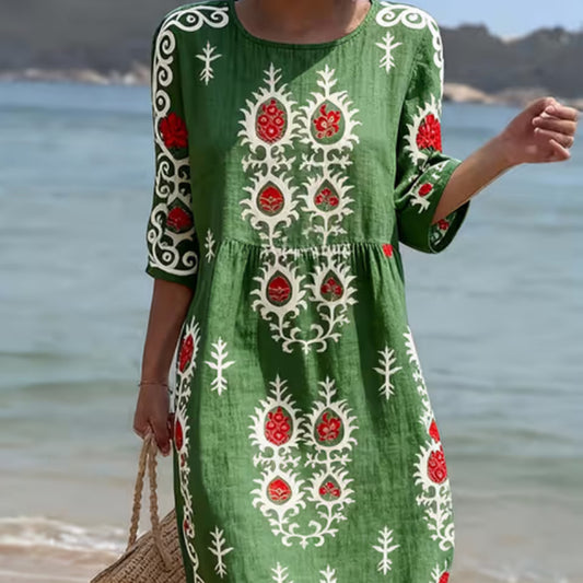 Women's Casual Round Neck Mid Sleeve Print Cotton And Linen Dress