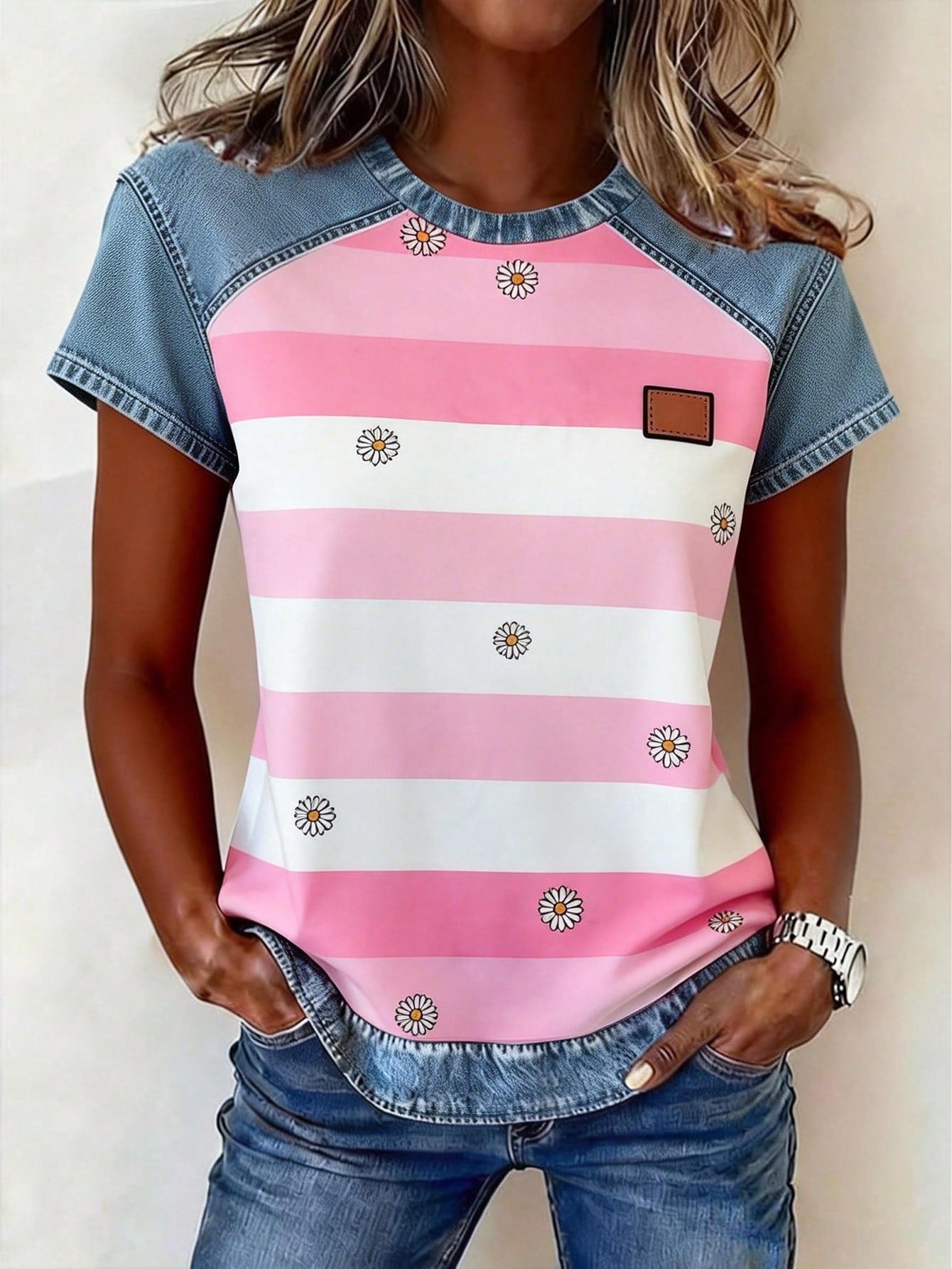 Color-block Printed Short-sleeve Womens Loose Top