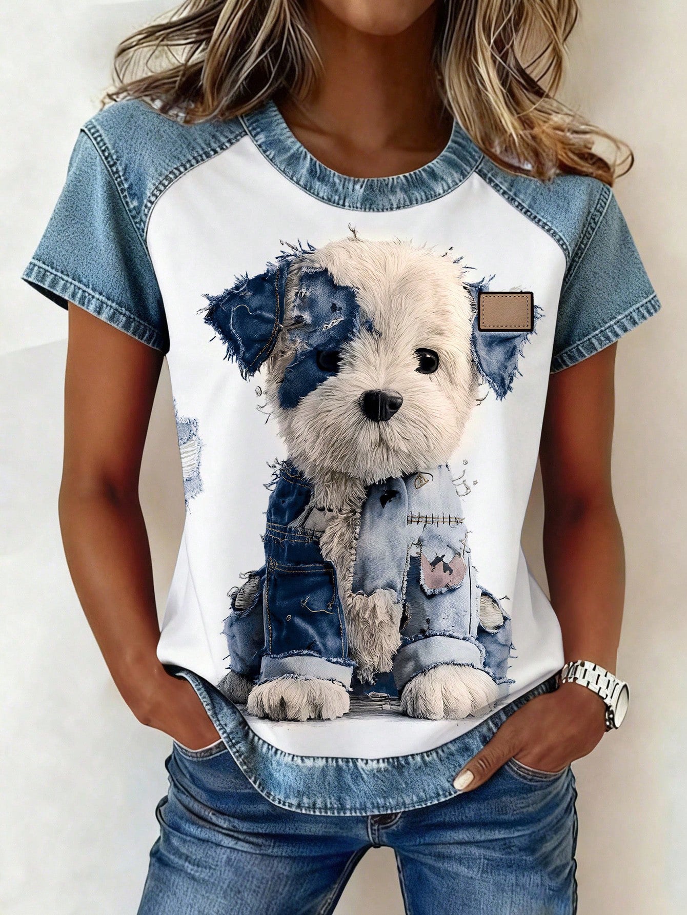 Color-block Printed Short-sleeve Womens Loose Top