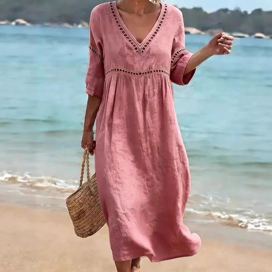 Elegant Casual V-Neck Solid Color Mid-Sleeve Womens Dress