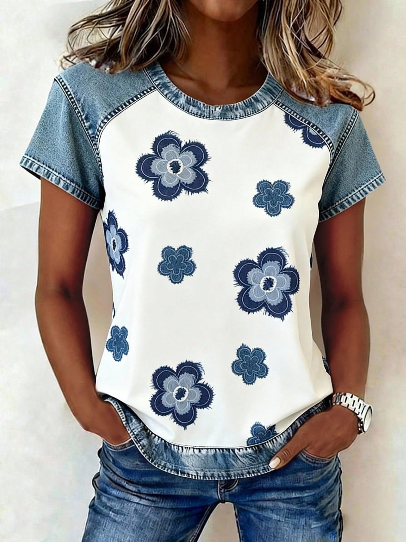 Color-block Printed Short-sleeve Womens Loose Top