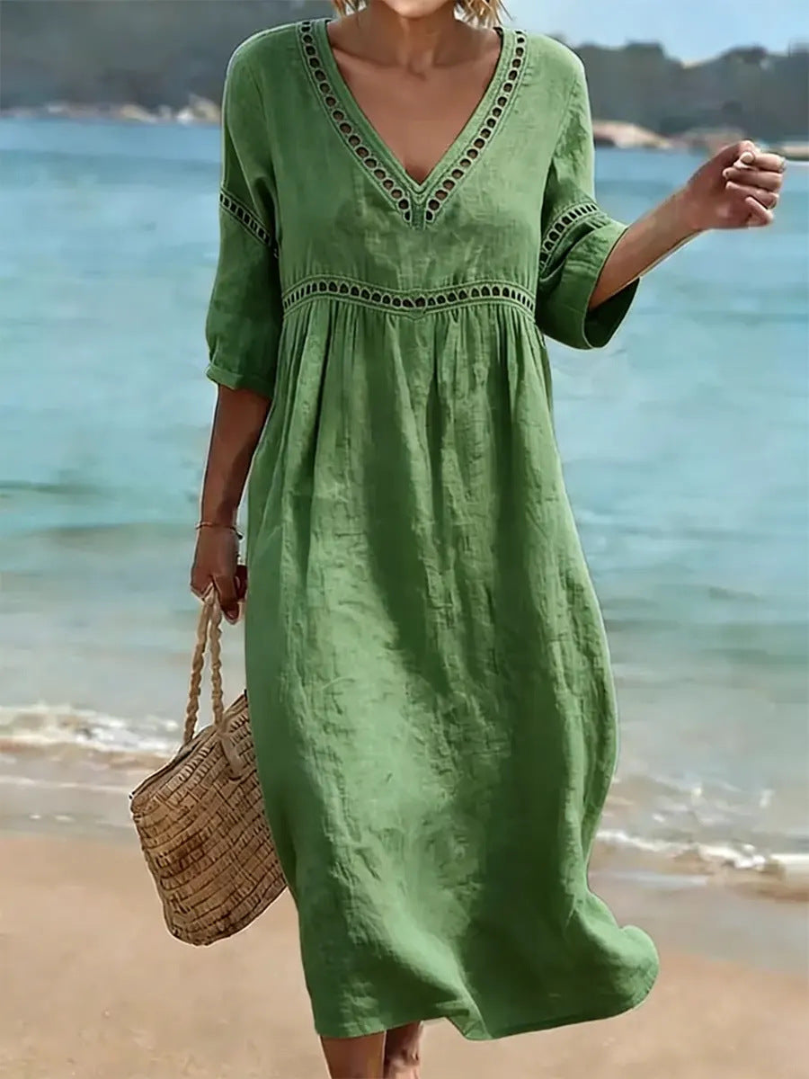 Elegant Casual V-Neck Solid Color Mid-Sleeve Womens Dress