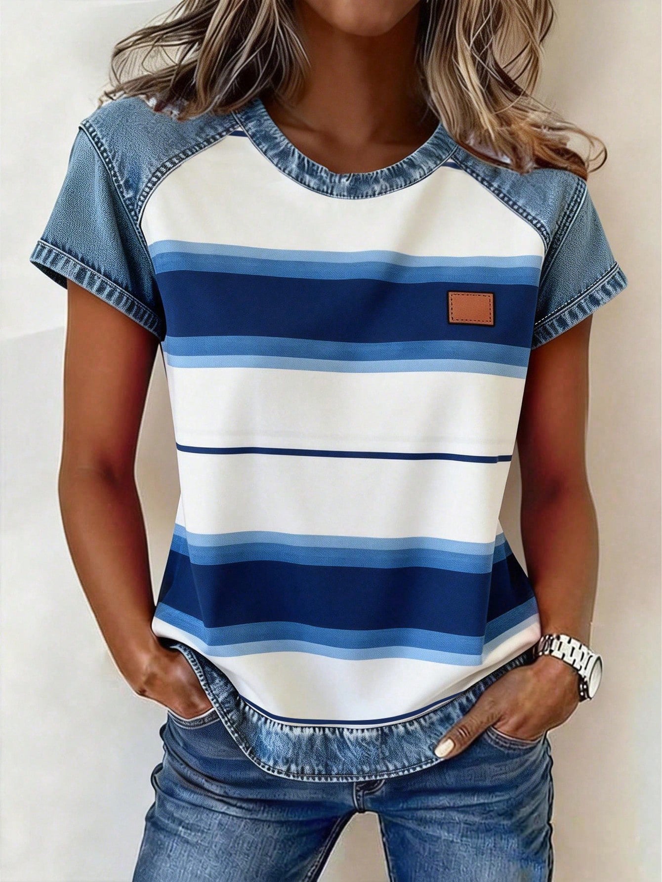 Color-block Printed Short-sleeve Womens Loose Top